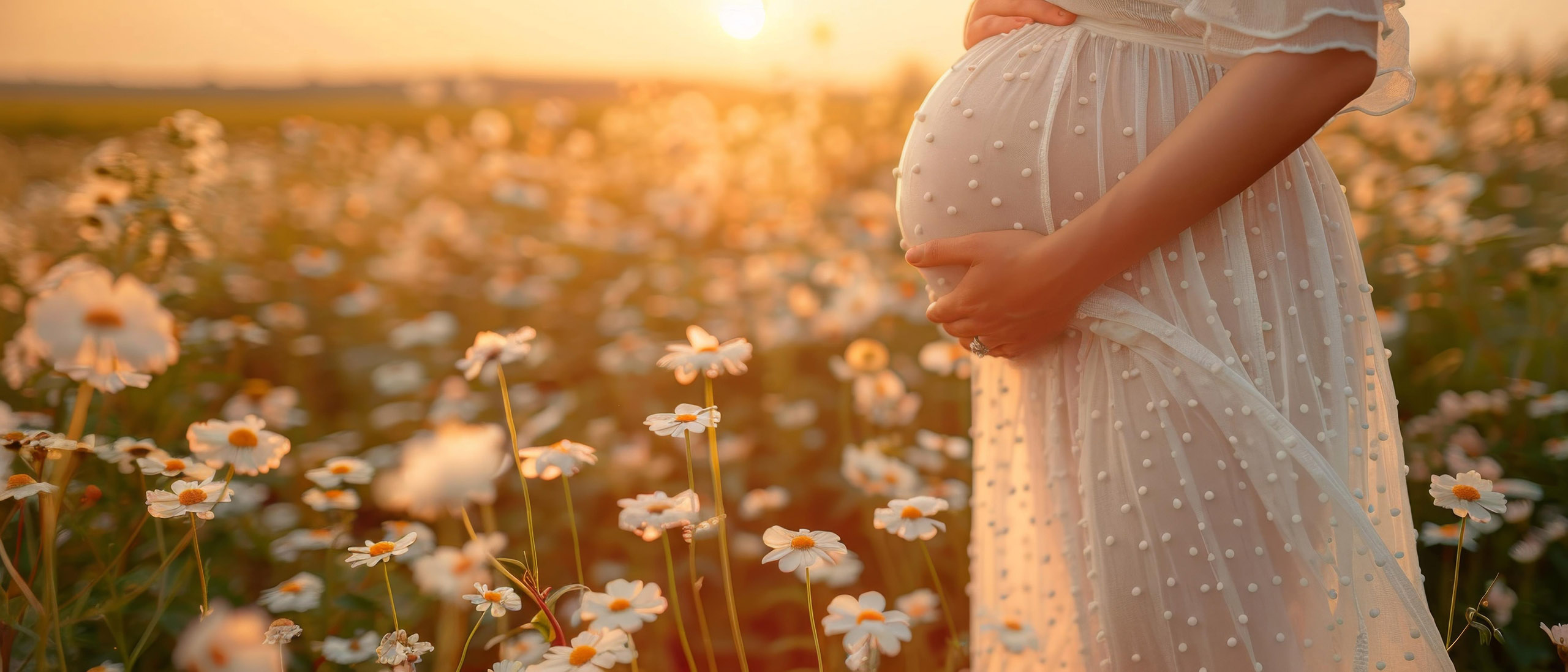 A pregnant woman standing in a field of daisies, with her hand on her belly