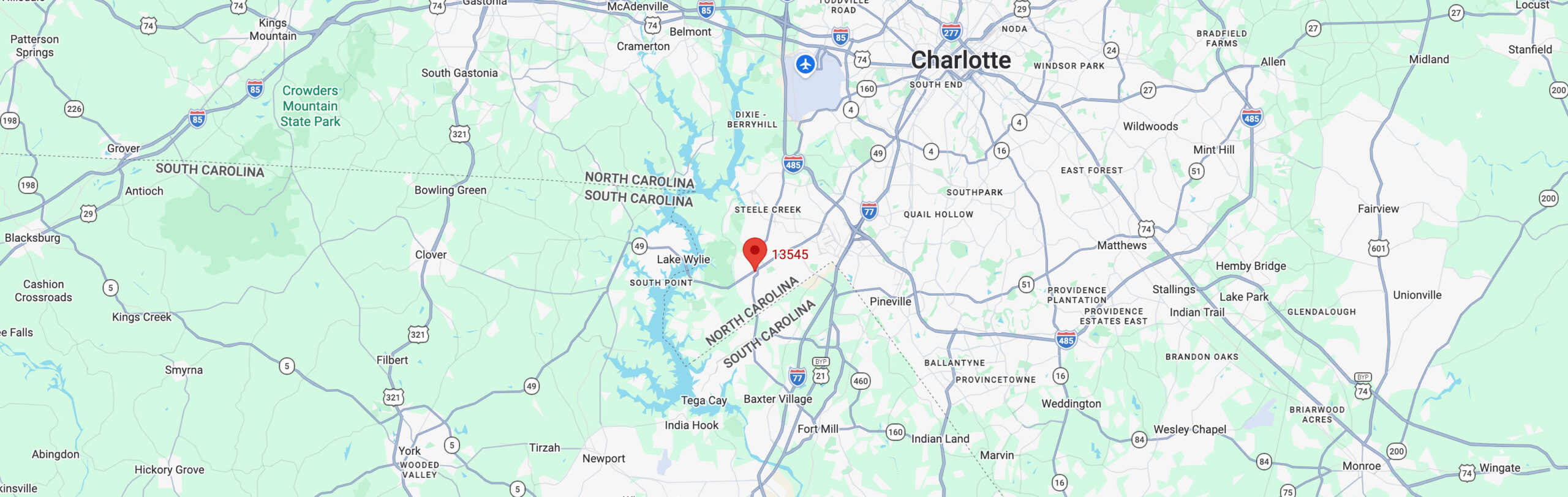 Pinned location map showing where Signature Plastic Surgery is relative to the Charlotte area.